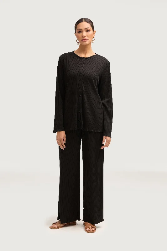 Modern Women's Outfit Naeema Ribbed Button Down Top & Pants Matching Set - Black