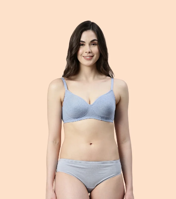 Women's Casual Wear Outfit Enamor Fab-Cool A042 Side Support Shaper Stretch Cotton Everyday Bra for Women- High Coverage, Non Padded and Wirefree - Chambray Melange Women's Casual Wear Outfit Enamor Fab-Cool A042 Side Support Shaper Stretch Cotton Everyday Bra for Women- High Coverage, Non Padded and Wirefree - Chambray Melange