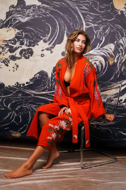 Women's Professional Attire Wisteria & Chrysanthemum Embroidered Terracotta Fully Lined Long Kimono Women's Professional Attire Wisteria & Chrysanthemum Embroidered Terracotta Fully Lined Long Kimono