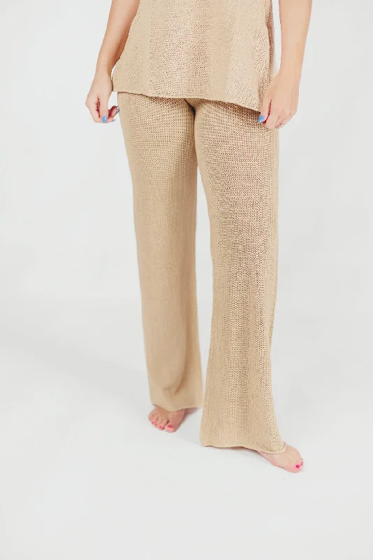 Women's Athleisure Apparel Brielle Crochet Knit Pant in Sand (No Lining)