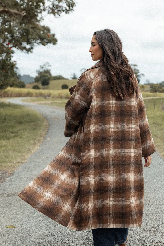 Women's Elegant Evening Outfit Maya Long Coat - Brown Check