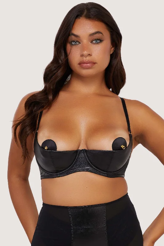 Women's Luxury Garments Iris Black Leatherette Quarter Cup Open Bra