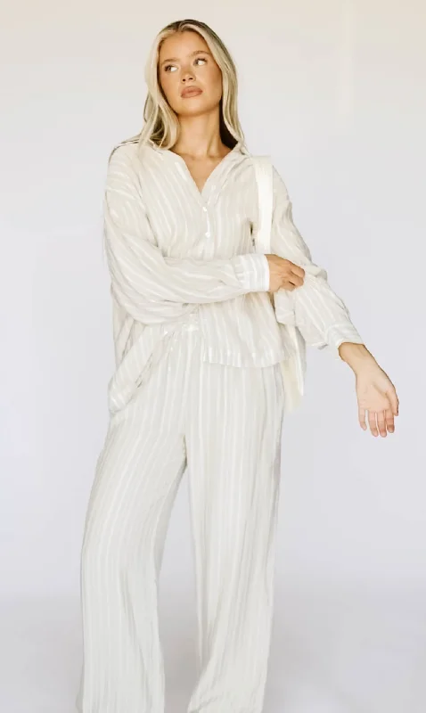 Women's Wedding Apparel Sloane Striped Button-Down Shirt and Pants Set in Natural - Nursing Friendly