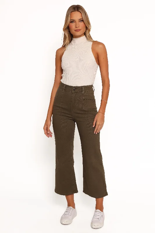 Women's Office Clothing Georgette High Waisted Straight Leg Pants - Olive