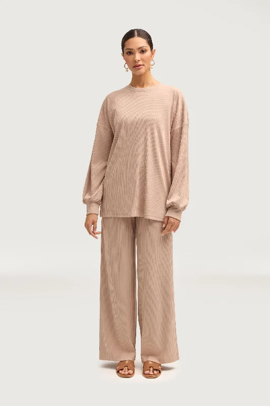 Women's Chic Outfit Mona Ribbed Top & Pants Matching Set - Chai