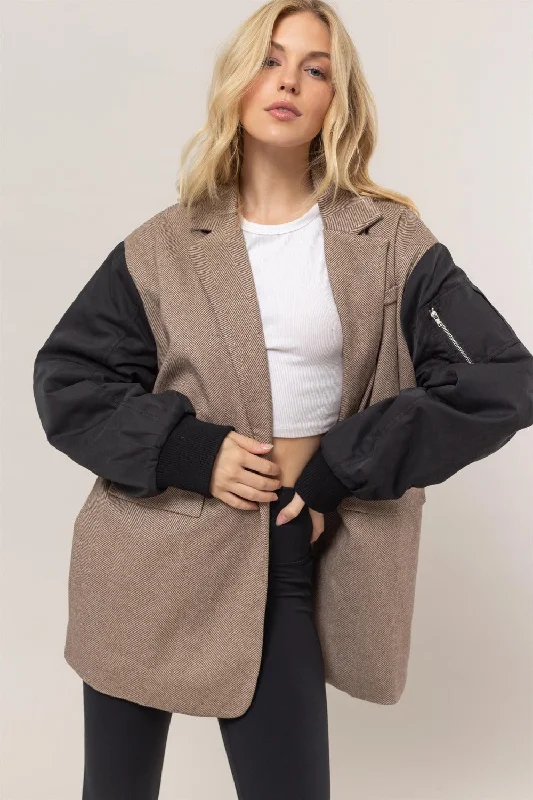 Stylish Women's Outerwear Apparel Hot Girl HYFVE Herringbone Mixed Media Oversized Blazer Jacket