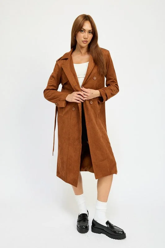 Women's Chic Outerwear Outfit Hot Girl Emory Suede Trench Coat In Camel