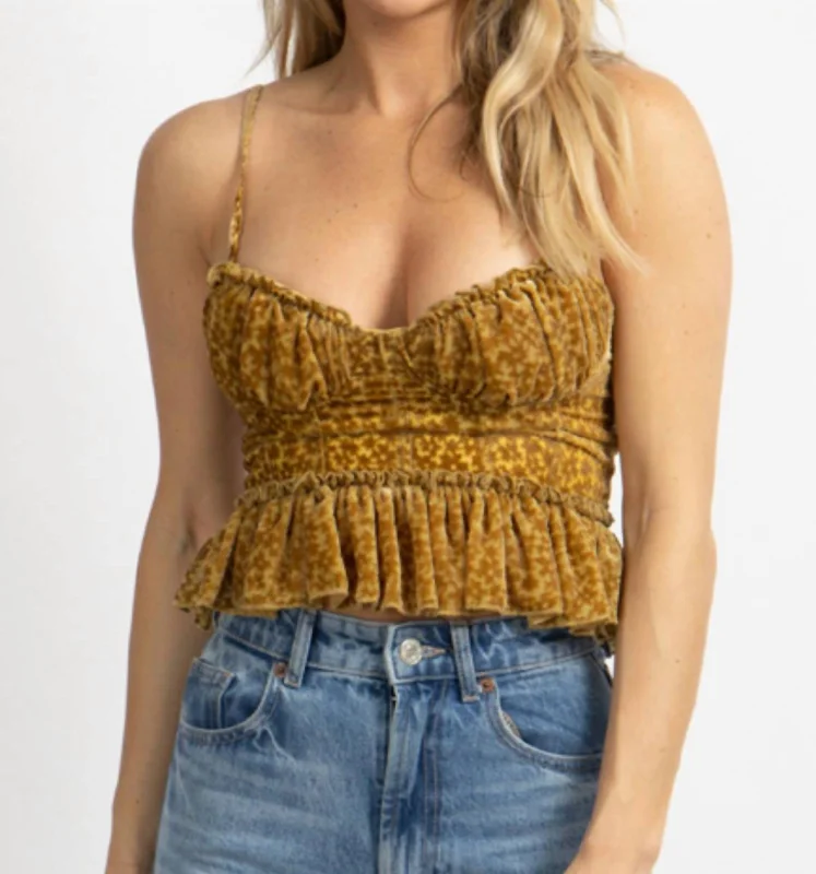 Women's Fashion Clothes Velour Floral Bustier Top In Gold