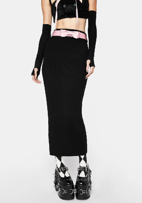 Women's Sports Apparel Black Knitted Skirt With Pink Bow Belt