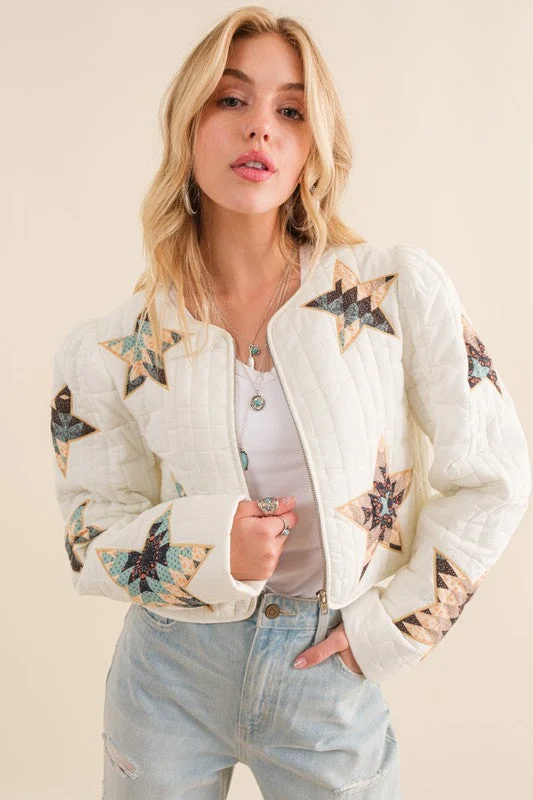 Women's Charming Outfit For Events Hot Girl Gone West Quilted Star Padded Western Cropped Jacket