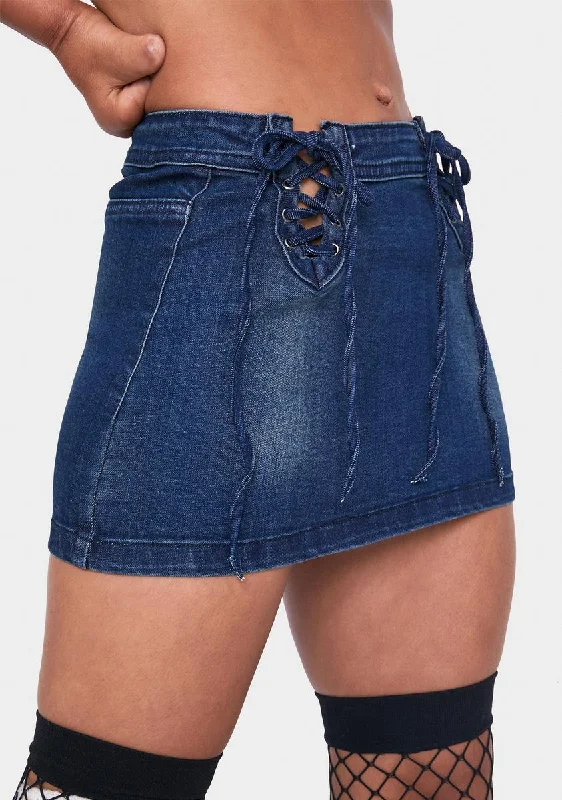 Women's Attire Low Rise Lace Up Mini Denim Skirt