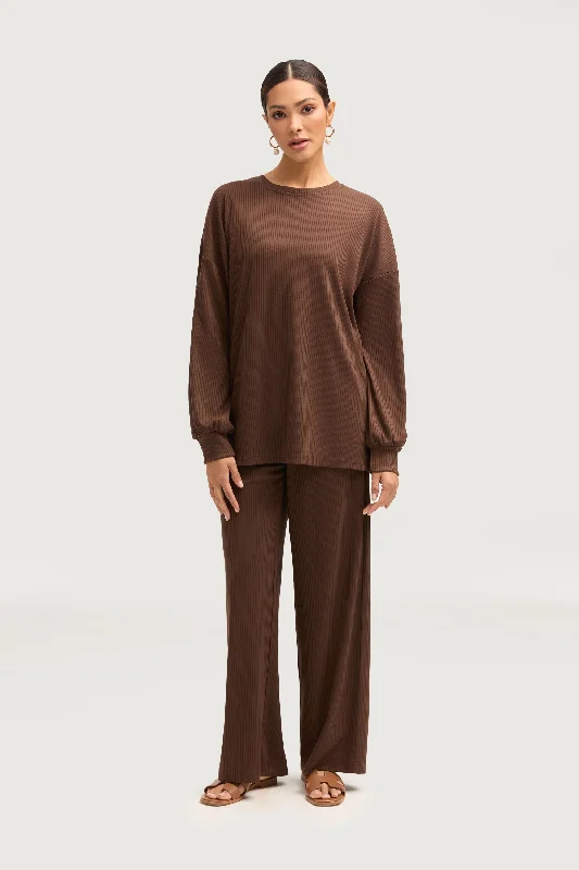 Women's Outfit For The Office Mona Ribbed Top & Pants Matching Set - Truffle