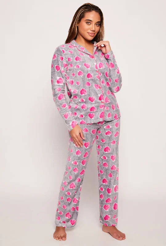 Women's Seasonal Wardrobe Clothing Fleece Heart Print Long Sleeve Pajama Shirt and Pants Women's Seasonal Wardrobe Clothing Fleece Heart Print Long Sleeve Pajama Shirt and Pants