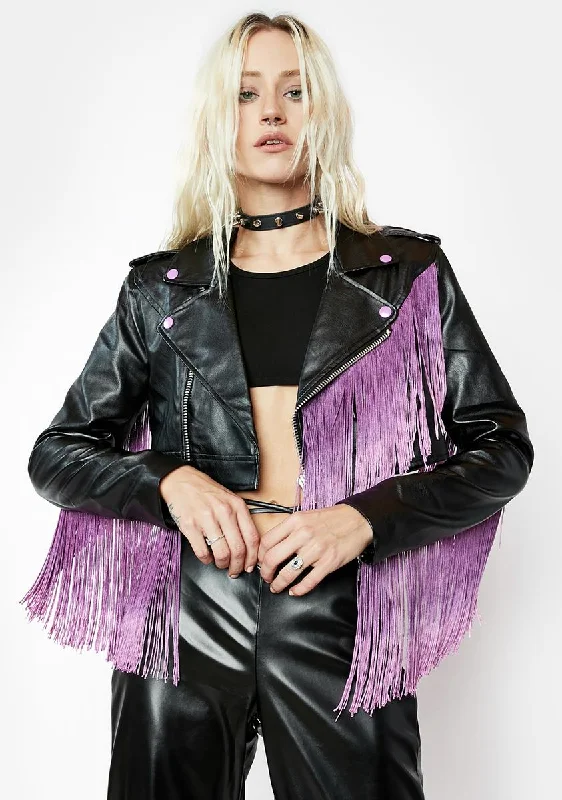 Women's Holiday Attire Amethyst Bite The Dust Fringe Moto Jacket