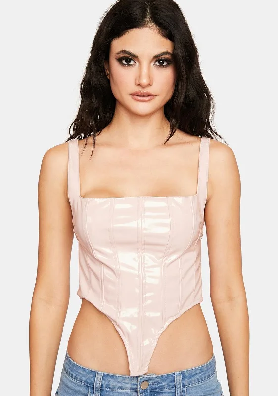 Women's Layered Outfit Powder Pink Vegan Patent Leather Bustier Top