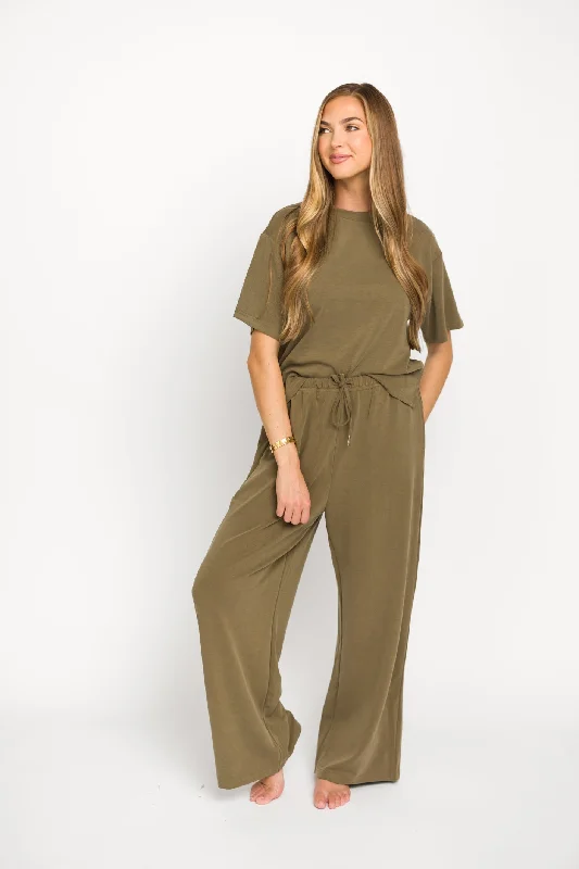 High-Fashion Women's Clothing Macy Loose Fit T-Shirt and Wide Leg Pant Set in Sage