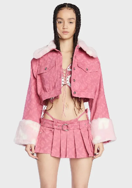 Women's Formal Apparel Pink Monogram Denim Crop Jacket