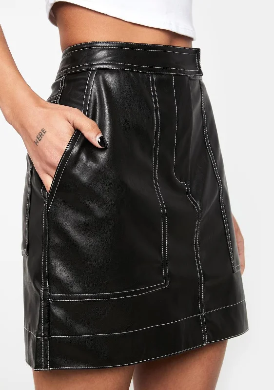 Women's Resort Apparel Contrast Stitch Vegan Leather Skirt