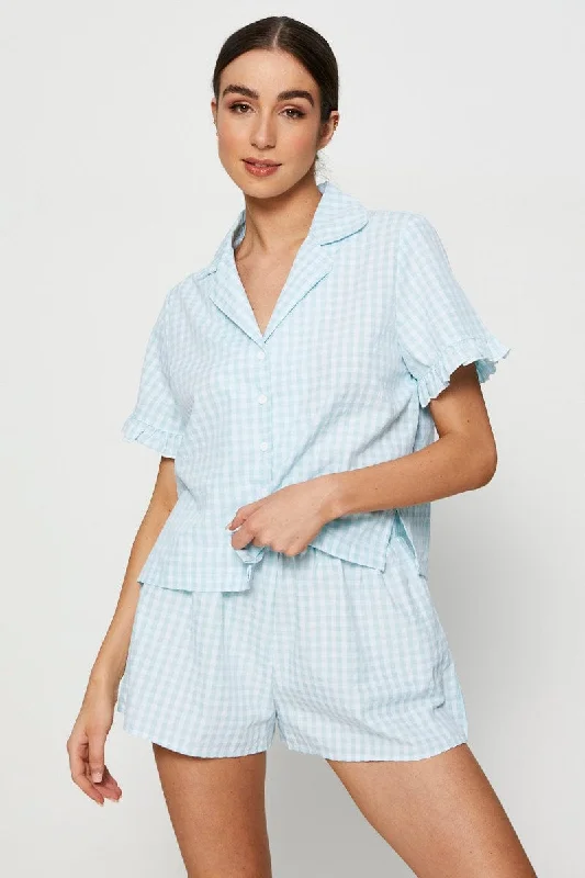 Timeless Women's Outfit Check Rufflle Sleeve Pajamas Set Short Sleeve