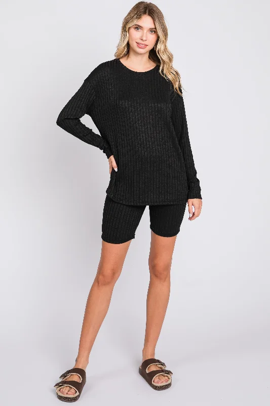 Women's Vacation Outfit Set Black Ribbed Long Sleeve Shorts Set