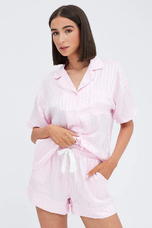Elegant Clothing For Women Pink Stripe Satin Stripe Pj Piping Button Through Pyjama Set Elegant Clothing For Women Pink Stripe Satin Stripe Pj Piping Button Through Pyjama Set