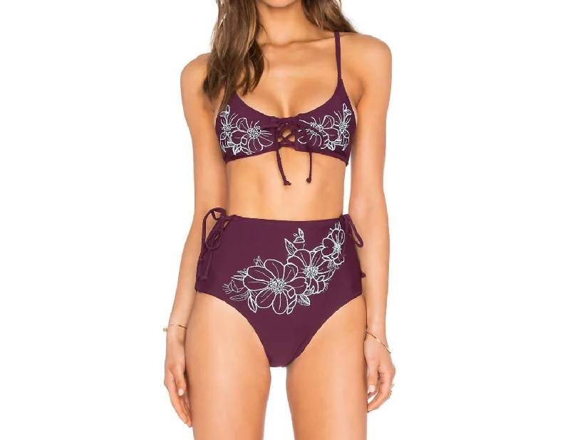 Women's Luxury Apparel Reha Lace Up Front Embroidered Bikini Top In Burgundy