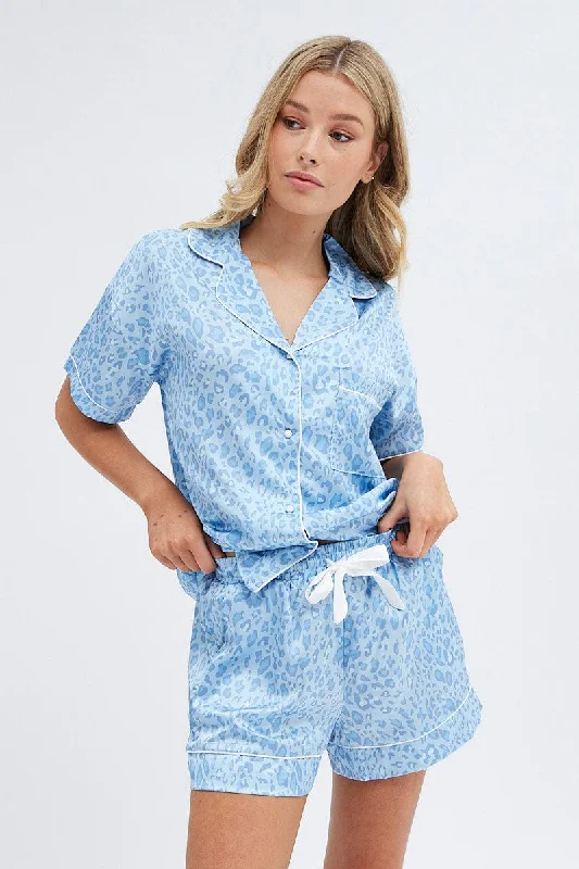 Women's Sporty Clothes Blue Animal Print Satin Pj Blue Leopard Contrast Piping Pyjama Set Women's Sporty Clothes Blue Animal Print Satin Pj Blue Leopard Contrast Piping Pyjama Set
