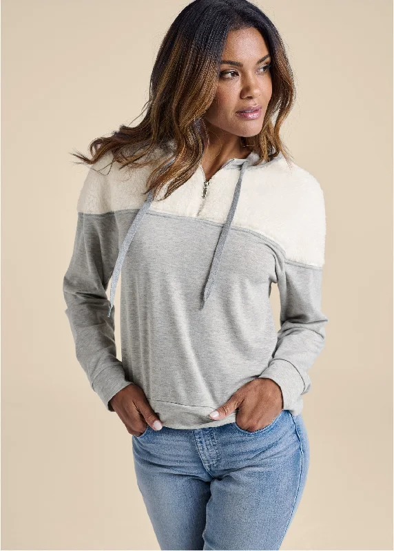 Comfortable Outfit For Women Sherpa Neck-Zip Sweatshirt - Off White & Heather Grey