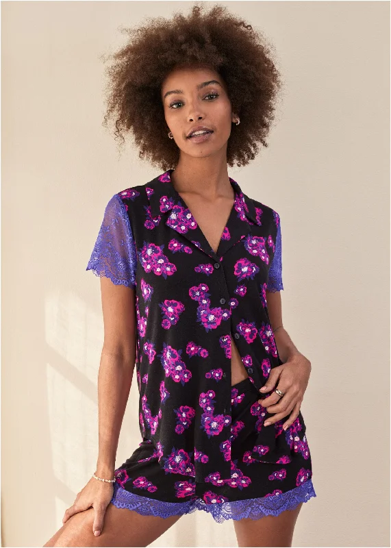 Women's Festive Attire Lace Trim Pajama Set - Purple Bloom