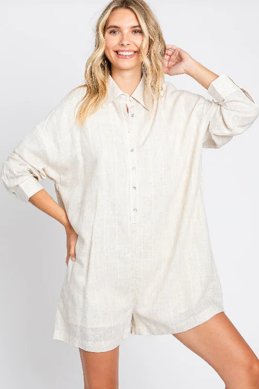 Women's Transitional Attire Beige Button Front Long Sleeve Linen Romper