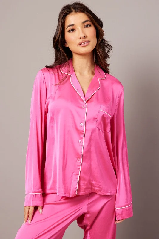 Women's Clothing For Holiday Travel Pink Satin Pyjama Contrast Piping Long Leg Pj Set Women's Clothing For Holiday Travel Pink Satin Pyjama Contrast Piping Long Leg Pj Set
