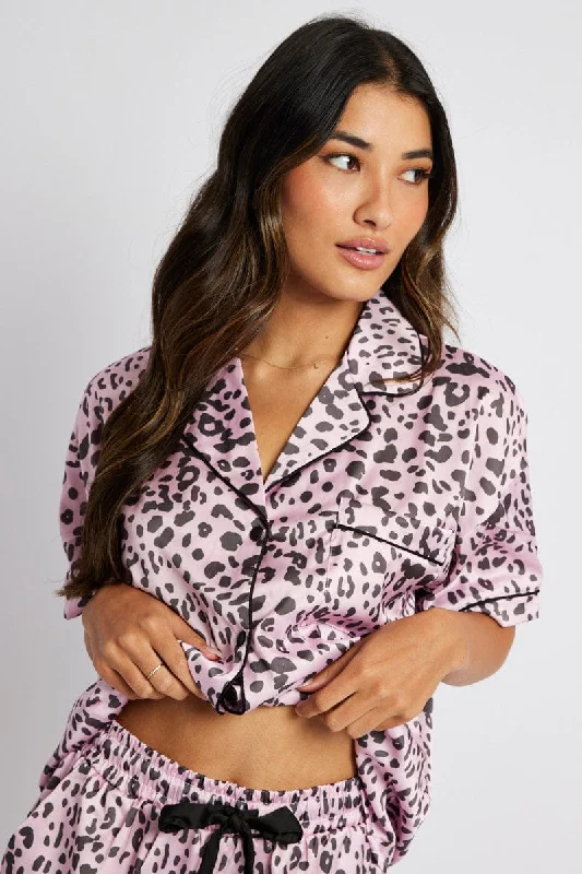 Casual Apparel For Women Pink Animal Print Pyjama Set Satin Short Sleeve Black Piping PJ Casual Apparel For Women Pink Animal Print Pyjama Set Satin Short Sleeve Black Piping PJ