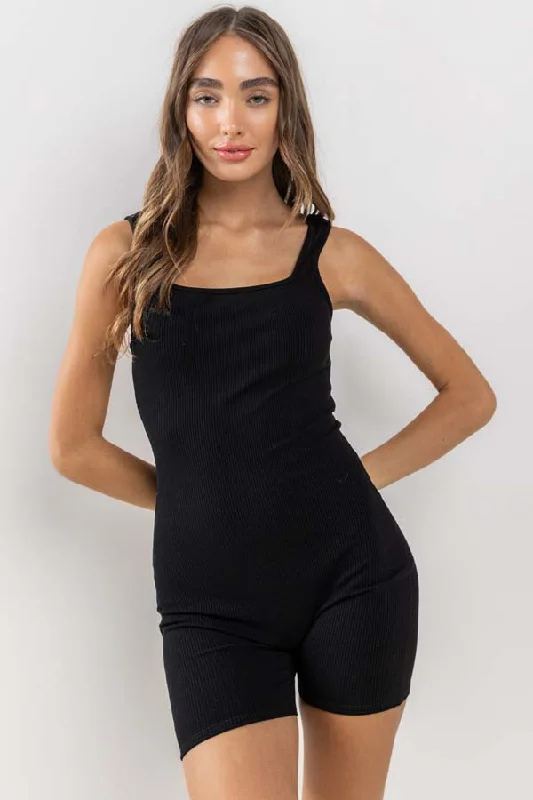 High-Fashion Women's Clothing Black Ribbed Square Neck Sleeveless Romper