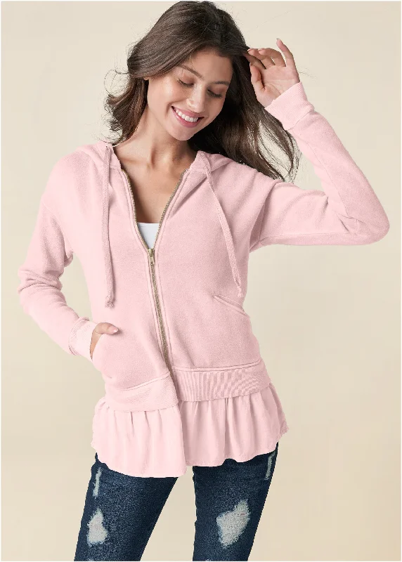 Women's Comfortable Clothes For Weekends Ruffle Hem Lounge Jacket - Light Pink