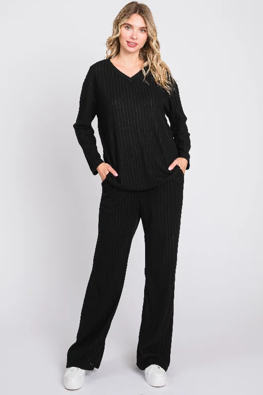 Women's Plus-Size Outfit Black Ribbed Soft Knit Long Sleeve Pajama Set