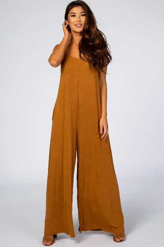 Women's Clothing For Holiday Travel Camel Cross Back Wide Leg Jumpsuit