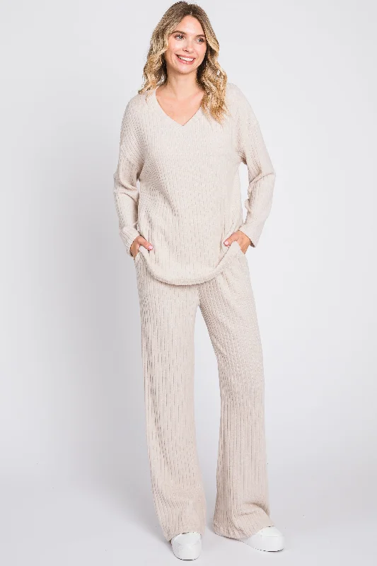 Women's Holiday Outfit Beige Ribbed Soft Knit Long Sleeve Pajama Set