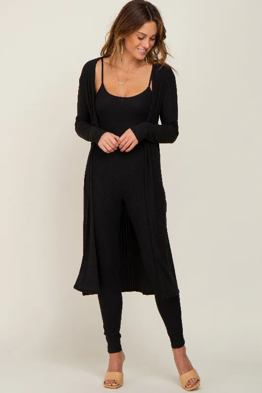 Fashionable Women's Outfit Black Ribbed Jumpsuit Two Piece Set