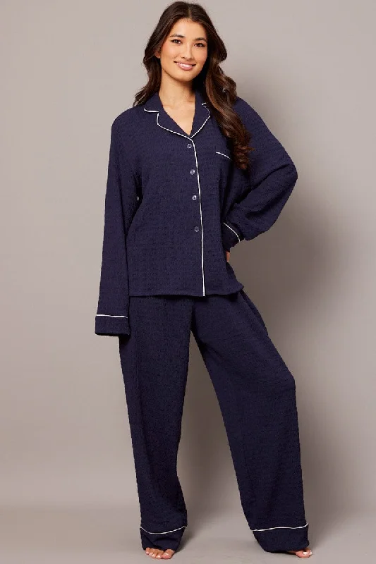 Women's Party Outfit Blue PJ Set Long Leg Contrast Piping Textured Fabric