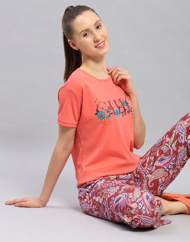 Affordable Women's Clothing Women Orange Printed Round Neck Half Sleeve Lower Set