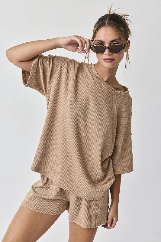 Formal Clothing For Women Taupe Ribbed Short Sleeve Short Set