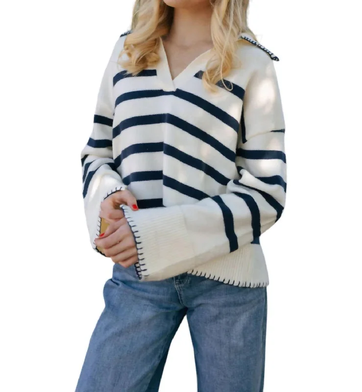 Vintage-Inspired Women's Clothes Stripe Sweater In Navy