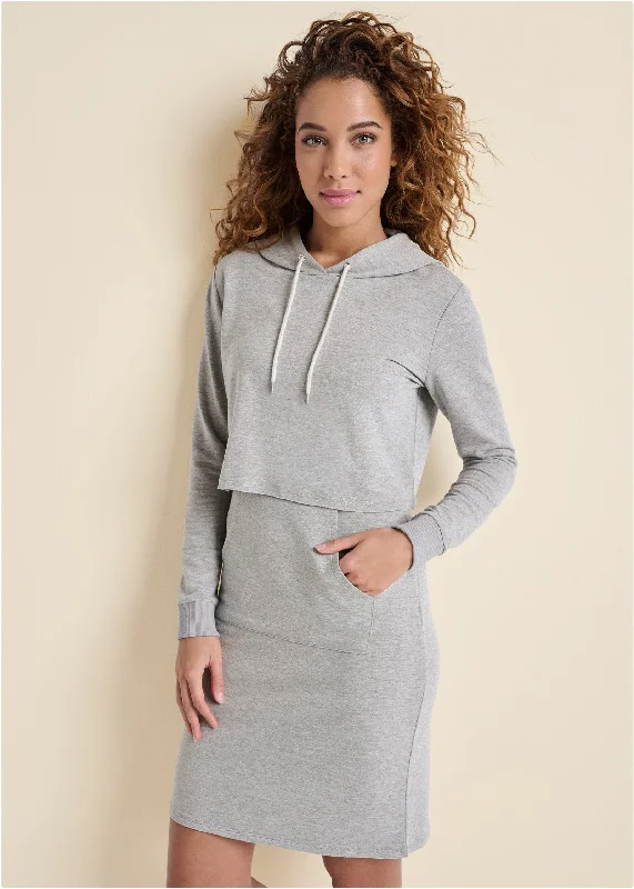 Comfortable Women's Clothing Layered Lounge Dress Set - Heather Grey