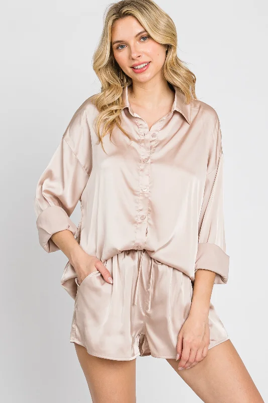 Luxury Women's Clothing Light Taupe Button Up and Short Satin Set