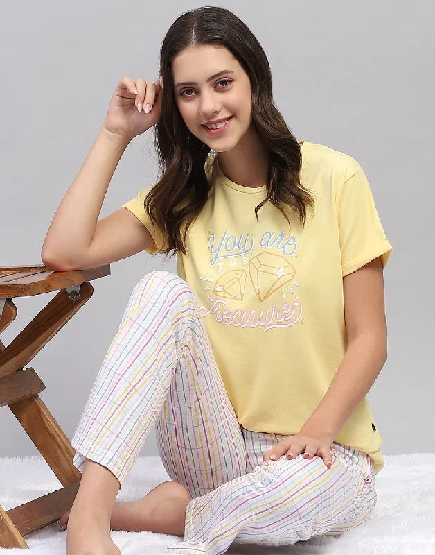 Women's Formal Clothes Women Yellow & White Printed Round Neck Half Sleeve Lower Set Women's Formal Clothes Women Yellow & White Printed Round Neck Half Sleeve Lower Set
