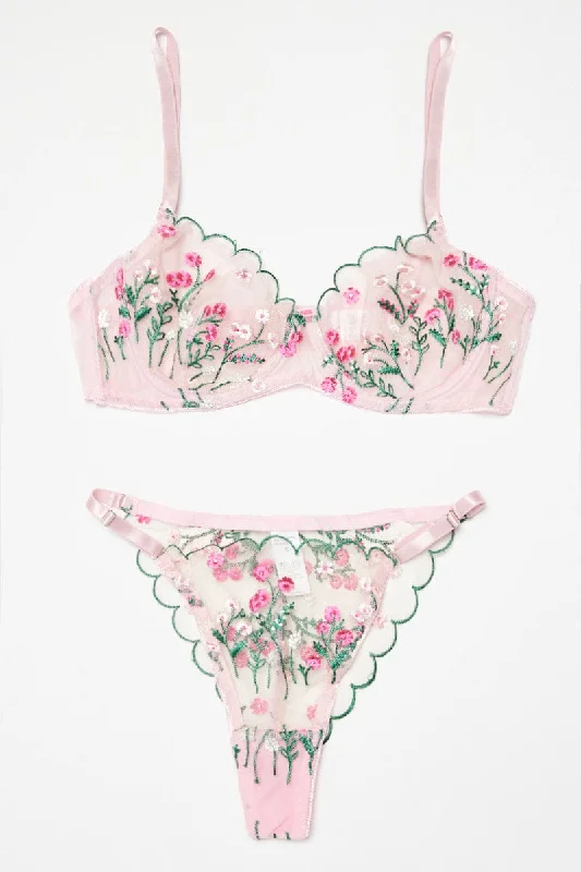 Women's Athletic Apparel Pink Embroidery Lingerie Set