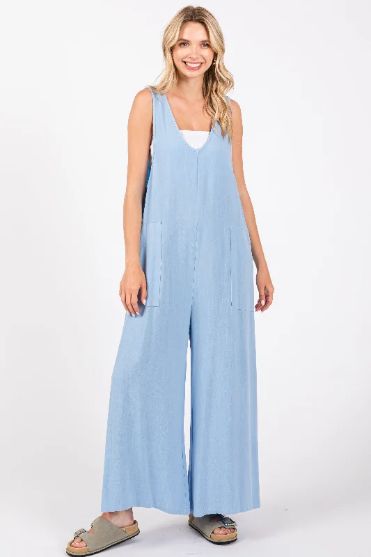 Women's Luxury Attire Light Blue V-Neck Wide Leg Jumpsuit