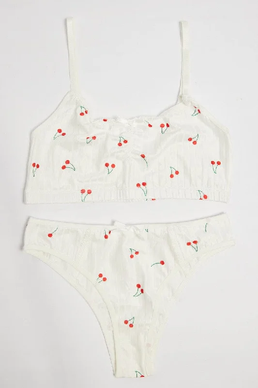 Stylish Women's Garments White Cherry Print Lingerie Set