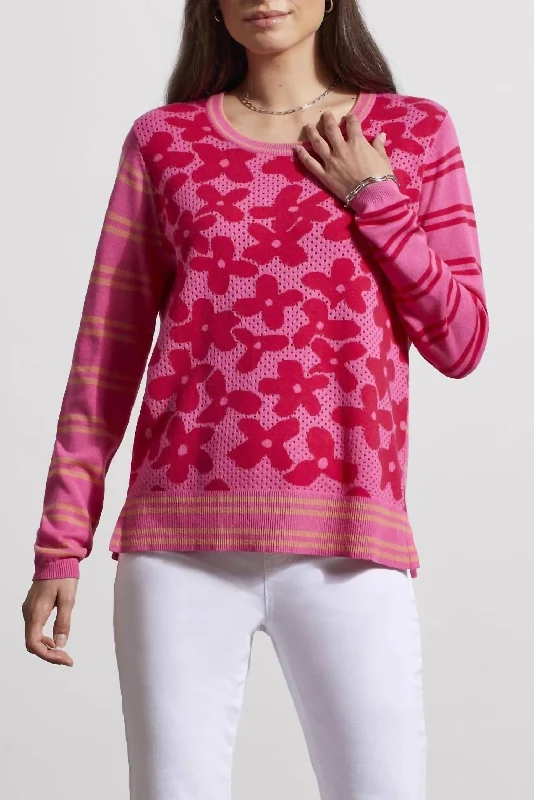 Women's High-Fashion Outfit Crew Neck Pointelle Sweater In Pink