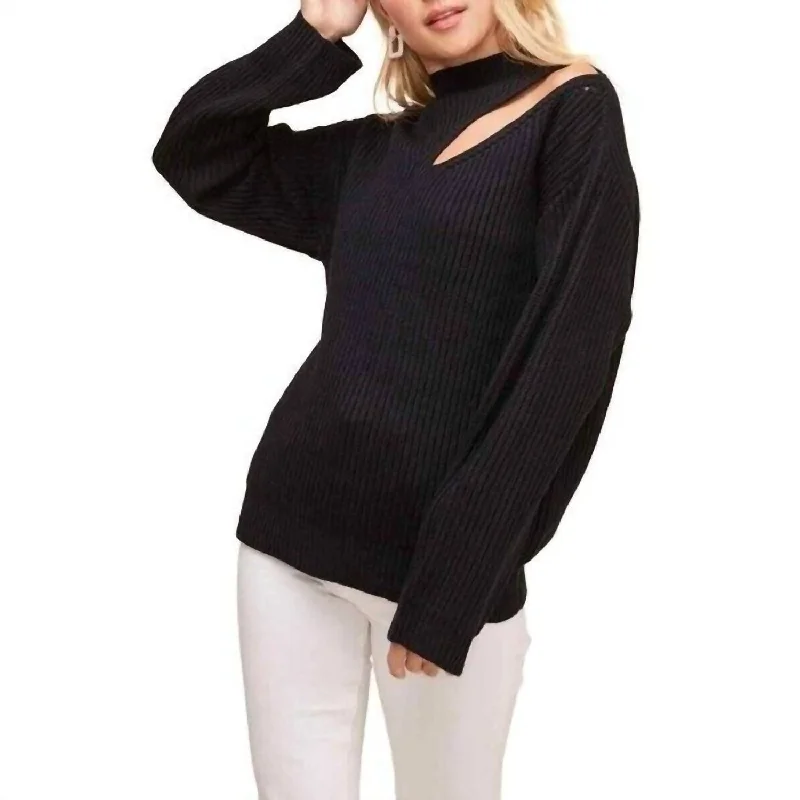 Women's Apparel And Garments Neck Cutout Ribbed Knit Mock Neck Sweater In Black